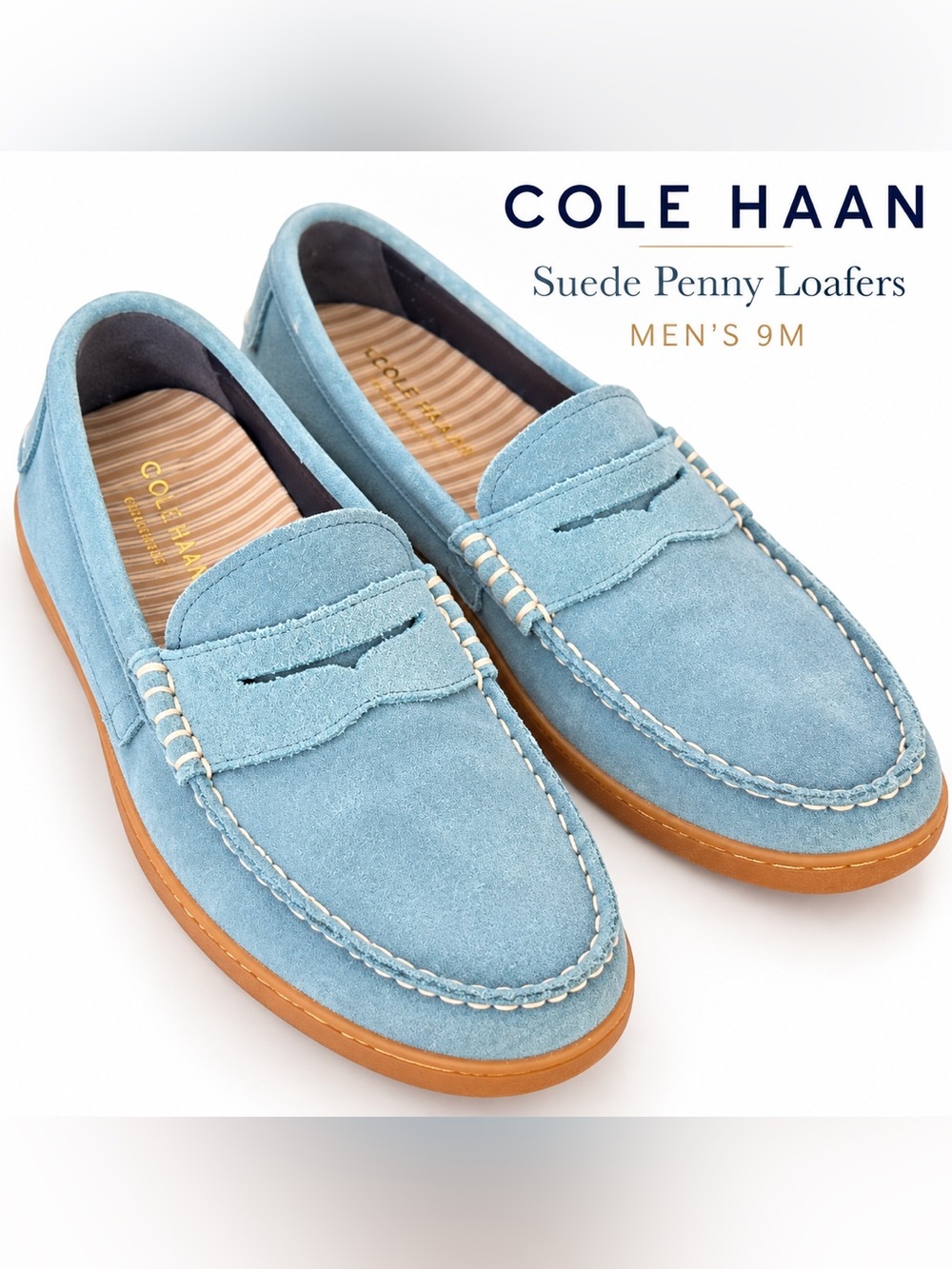 Cole Haan Men’s 9M Blue Suede Penny Loafers Gum Sole